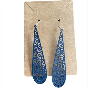 Navy Blue Cutout Metal Elongated Teardrop Design Earrings
